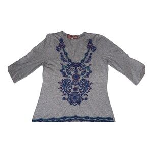 Johnny Was Gray Embroidered Tunic Top L